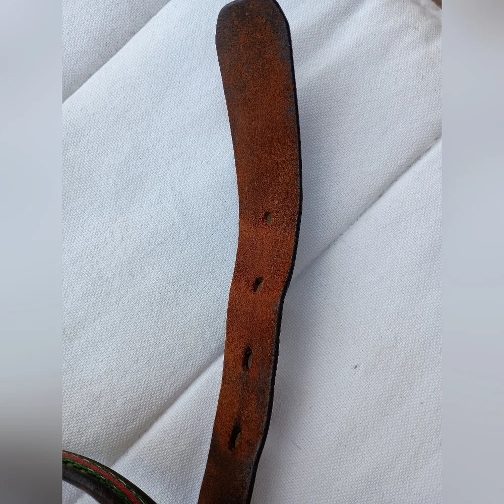 Vintage Dooney & Bourke Brown Leather Belt with Green and Red Stripes_32